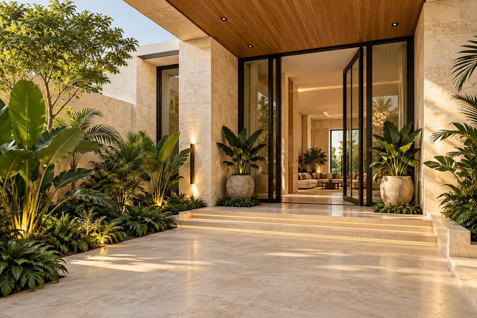 Concept of a pristine limestone entrance courtyard; AI-generated, not a Lautus project.