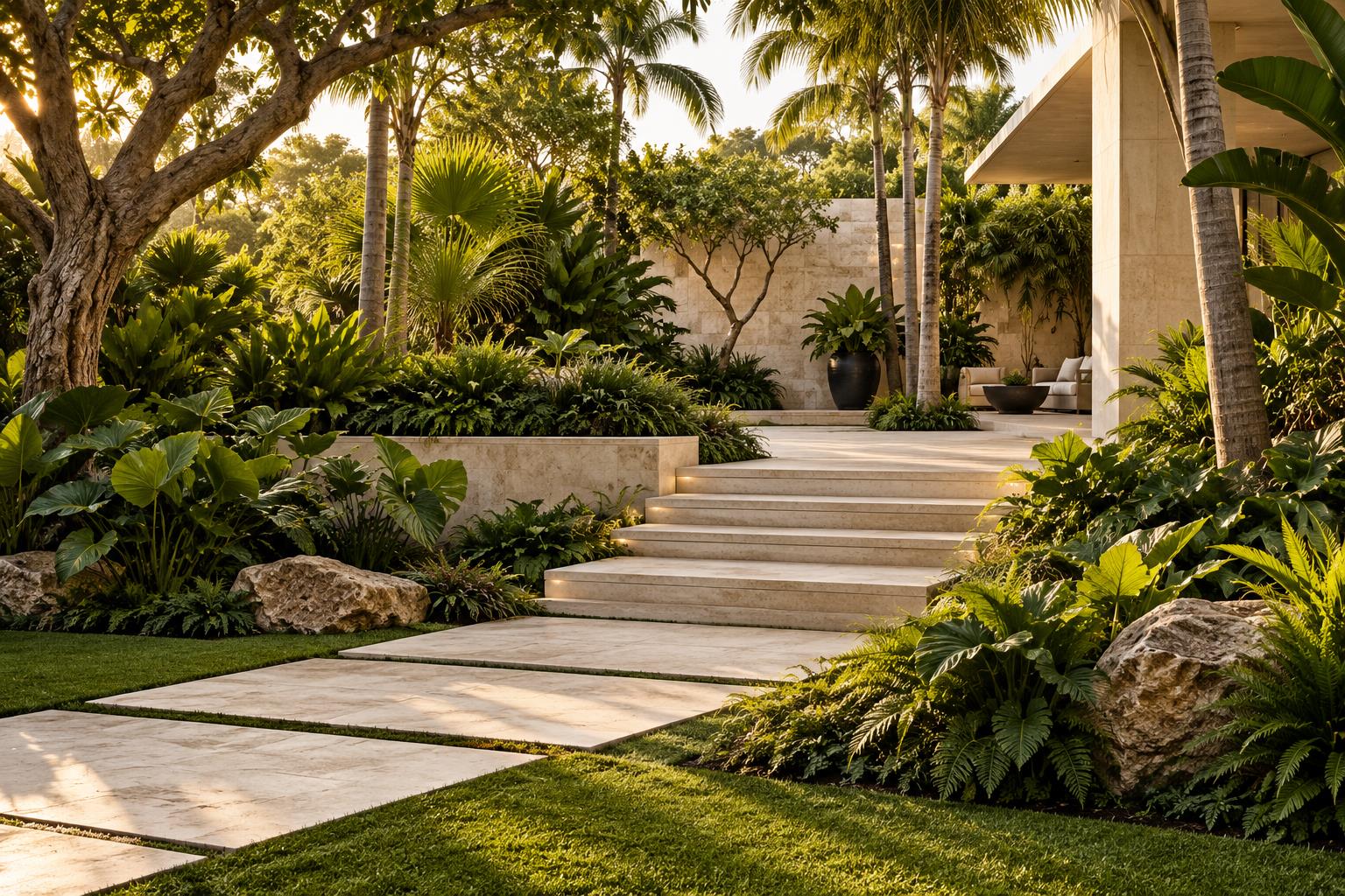 Concept of a planted garden with limestone steps; AI-generated, not a Lautus project.