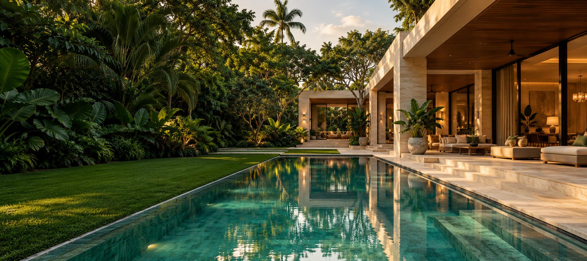 AI-generated concept of a contemporary residence, pool and tropical garden. Not a Lautus project.